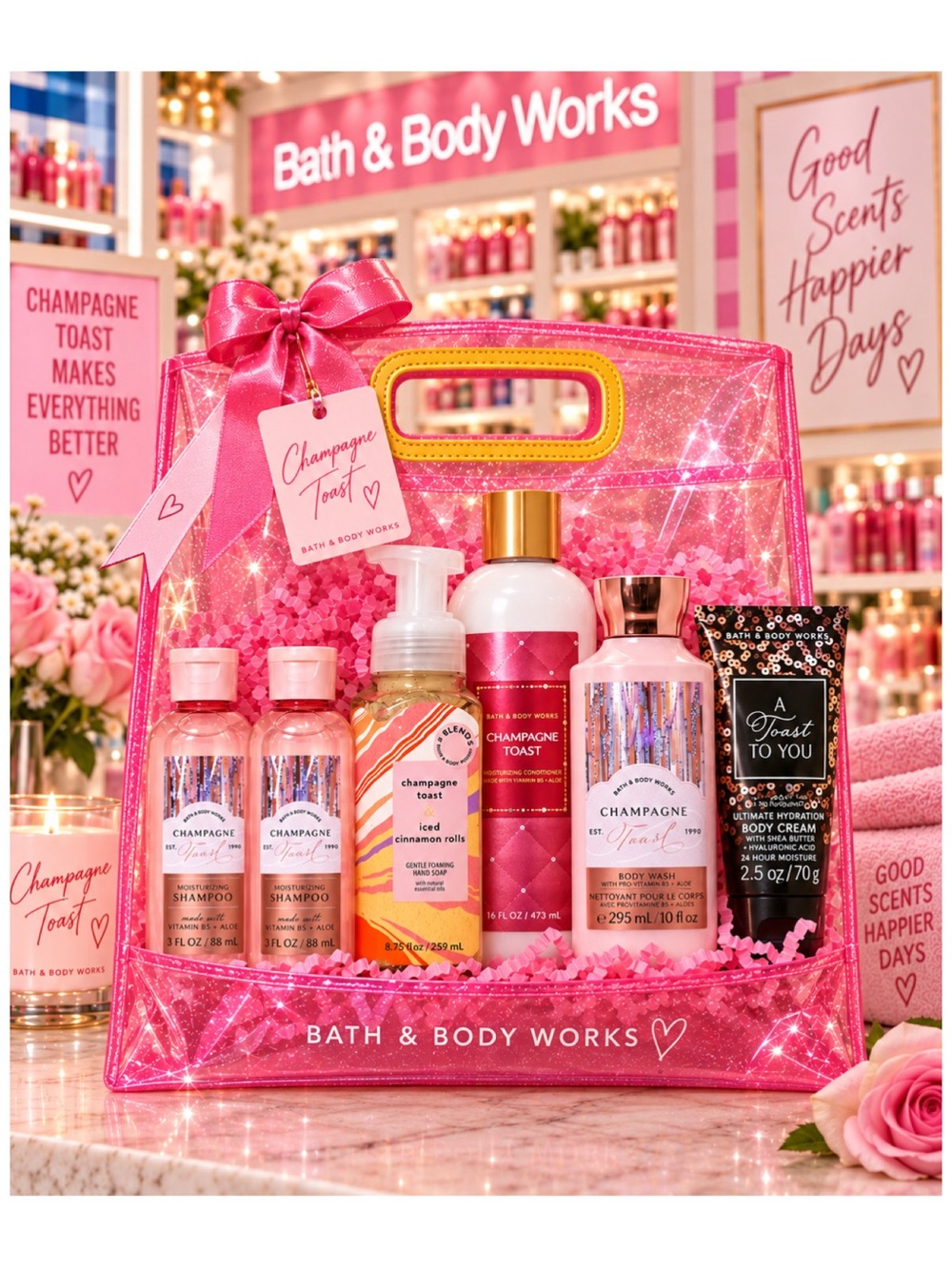 Bath & Body Works. Champagne Toast 5 Piece Set with Bonus Body Cream & Gift Bag.
